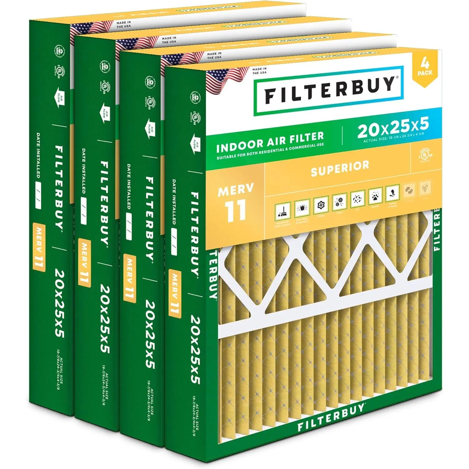 Filterbuy 20x25x5 Air Filter (4-Pack), Pleated MERV 11 Allergen Defense HVAC AC Furnace Air Filters for Honeywell FC100A1037, Lennox X6673, Carrier, and More