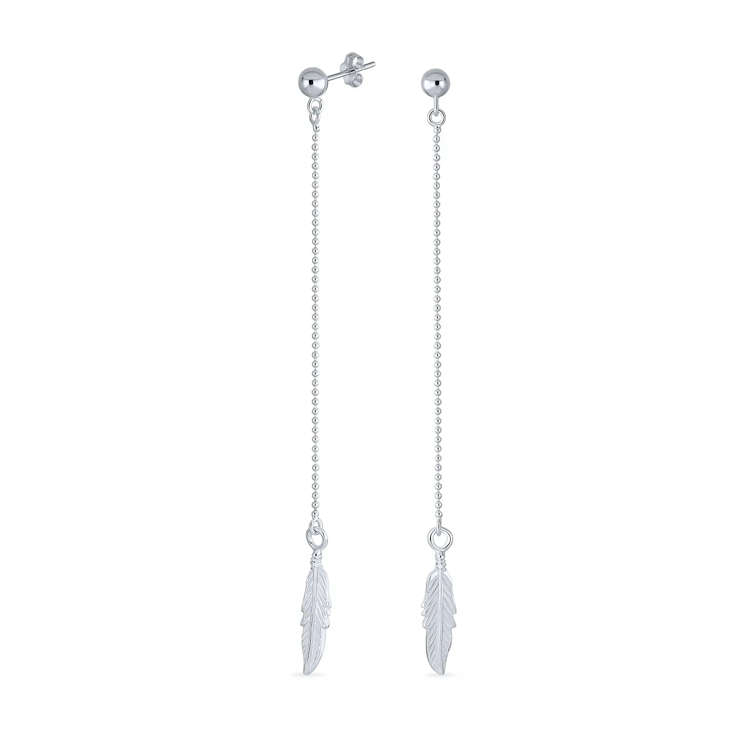 Western Style Long Feather Leaf Dangle Earrings .925 Sterling Silver