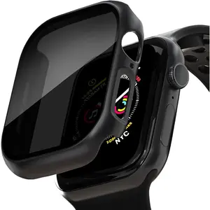 2-Pack Anti-Spy Tempered Glass Screen Protector Privacy Case, Hard PC Bumper Cover for Apple Watch iWatch Series 11/10 (46mm, Black/Black) - Fashion Watch Accessories, Protection, Wearable