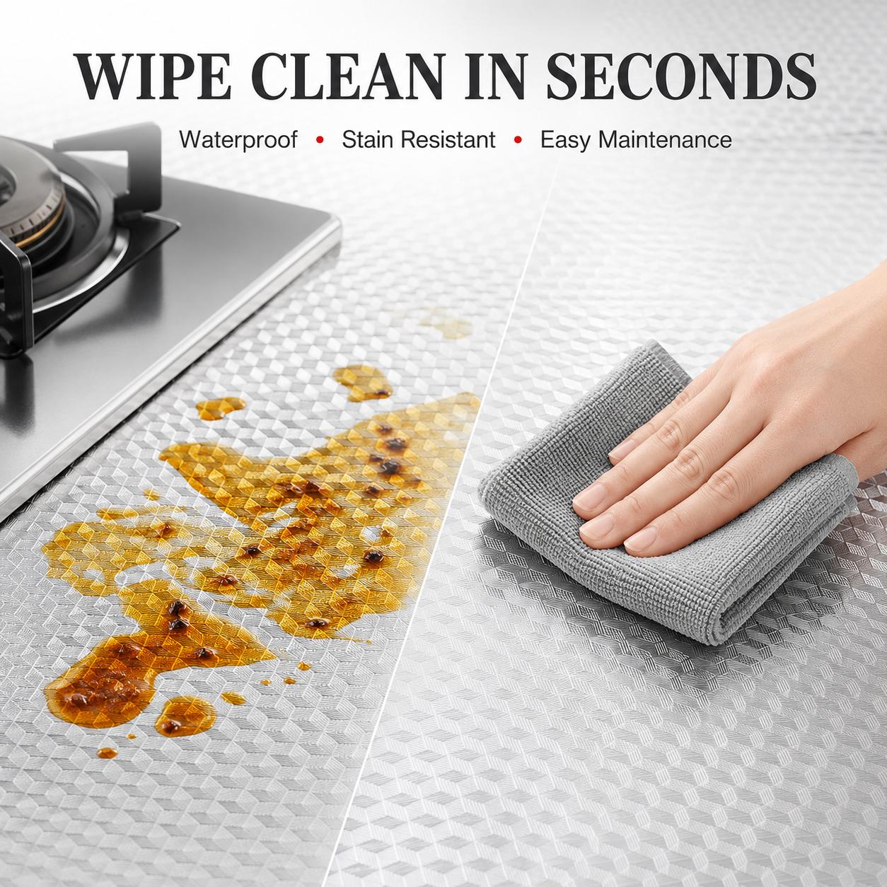 Self-Adhesive Aluminum Foil Kitchen Backsplash Wallpaper, 15.7 x 118 Inch Oil-Proof Waterproof Peel and Stick Countertop Cabinet Drawer Liner, Heat Resistant Easy Clean Silver Contact Paper
