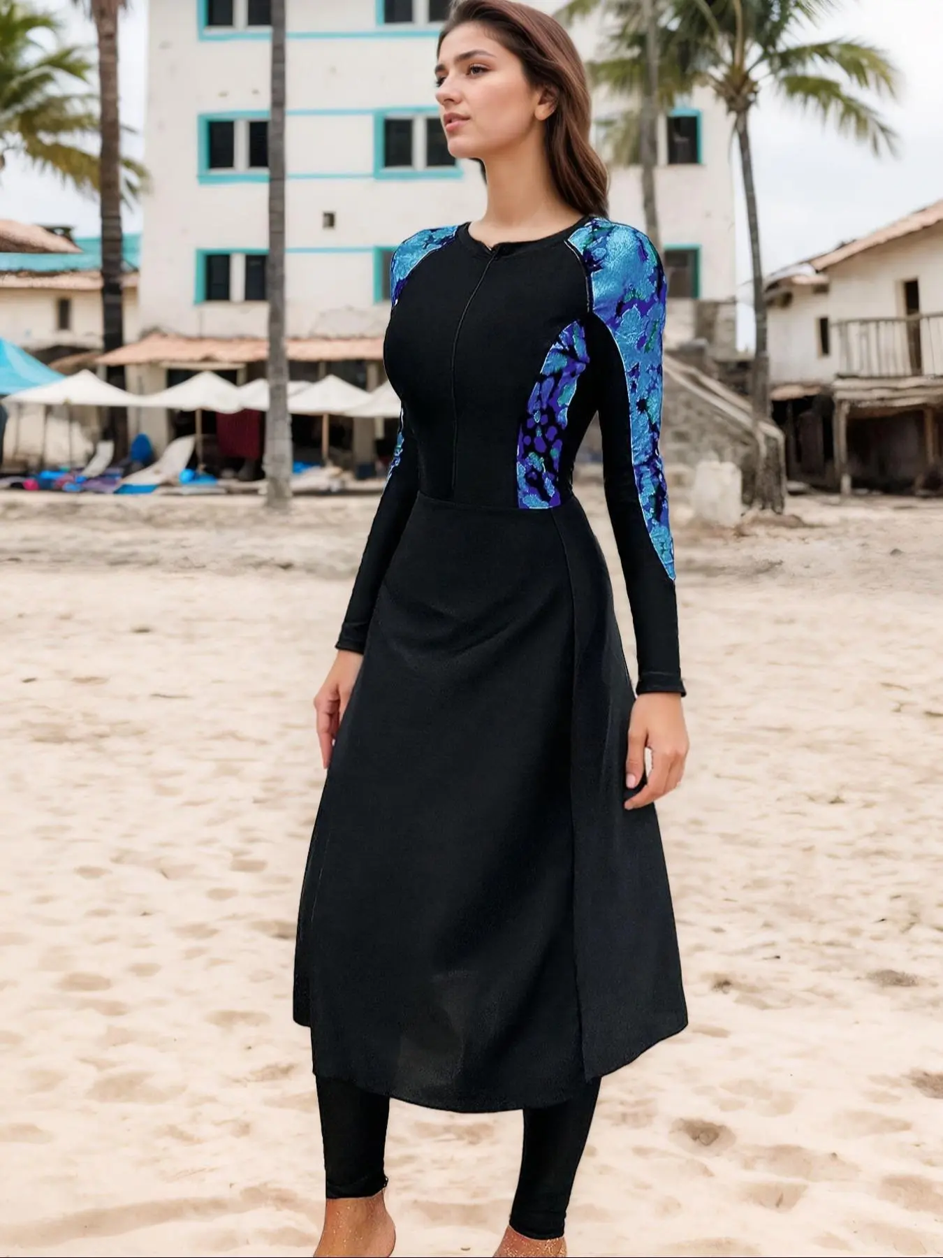 Women's Floral Print Long Sleeve Swim Dress & Skinny Swim Pants Set, Modest Casual Swimwear Set for Beach Holiday Vacation, Ladies Swimsuit for All Seasons, Modest Swimsuits, Summer Swimsuits, Floral Printed Swimwear
