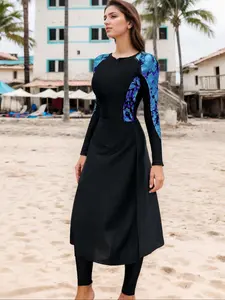 Women's Floral Print Long Sleeve Swim Dress & Skinny Swim Pants Set, Modest Casual Swimwear Set for Beach Holiday Vacation, Ladies Swimsuit for All Seasons