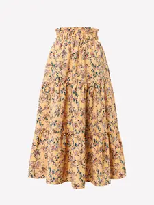 Cute Ditsy Floral High-Waisted A-Line Skirt, Ruffled Midi Half Skirt, Daily Vacation Versatile, Sweet Girl Feminine Fashion