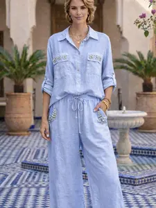 ESYAZO Embellished Italian Linen Set – Crystal Detail Button-Down & Wide-Leg Trousers