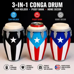 Puerto Rico 3-in-1 Conga Drum | Can Holder, Piggy Bank & Home Decor | 12oz Beverage Holder | Boricua Gift