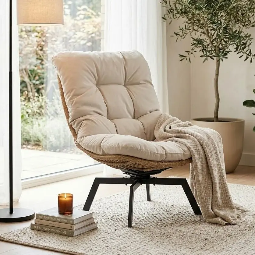 Walsunny Oversized Rattan Bowl Look Indoor-Outdoor Swinging Lounge Chair with High Resilience Foam Cushion, Modern Function, Strap-Off Wash & Thick Density Fabric - Beige for Porch Patio