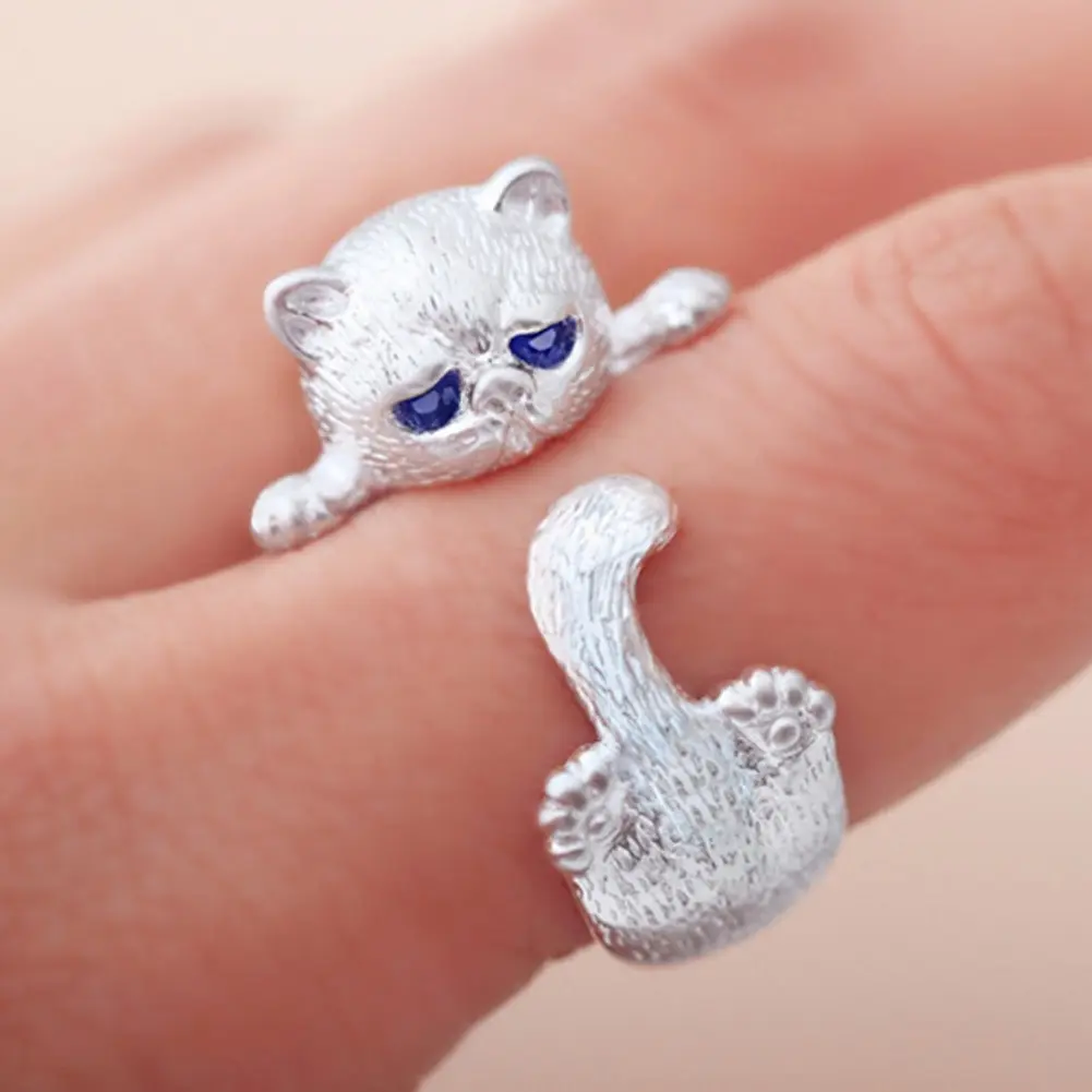 Minimalist Kitten Ring for Women in Silver-Tone Alloy with Sparkle Cubic Zirconia, Cute Everyday Fashion Jewelry Gift, Kitten Shape, Sparkle Stones, Animals, Daily Wear, Kitten Form