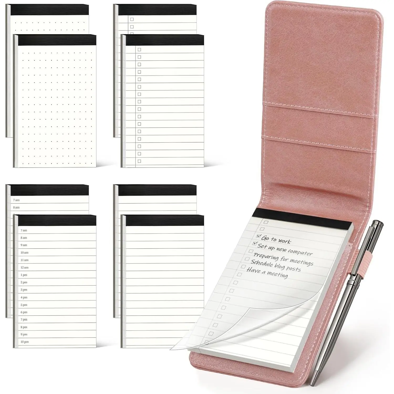 10 count Small Notepad Holder Set Pocket Notebook - Included Mini Pocket Notepad Holder Set with 8 Memo Book Refills and Metal Pen for Meetings, Daily Records, and Notes 3 x 5 Inch (Rose )