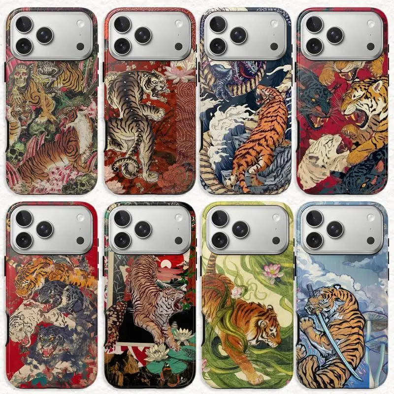 Vintage Chinese Tigers Phone Case - Aesthetic, Durable, Lightweight, Personalized Cute Tiger Collage, Japanese Traditional Art Print, Tropical Custom Big Cat Case with Full Port Access for iPhone 17/16/15/14/13/12/11 Pro Max & Samsung