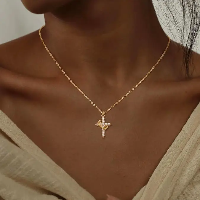 Tewiky 14K Gold Plated Zircon Cross & Pearl Necklace for Women