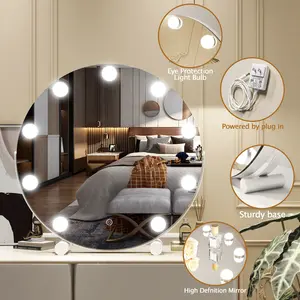 New 18-Inch Glamorous Hollywood Vanity Mirror - Sparkling Round LED with 9 Dimmable Bulbs - Smart Touch RGB Lights 360° Swivel for Ultimate Bedroom Beauty Experience Decor Glass