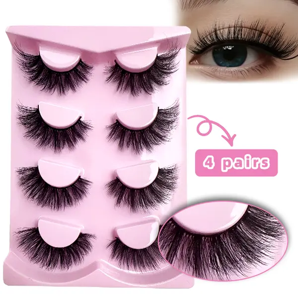 Crisscross Fake Eyelashes, 4 Pair Pack of Fluffy Faux Mink Lashes with a Realistic Cat-Eye Effect, Densifying Full Strip Lashes