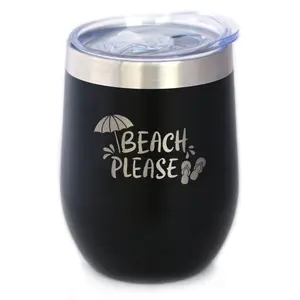 Beach Please - Travel Wine Tumbler with Sliding Lid - Stemless Stainless Steel Insulated Cup - Cute Funny Outdoor Camping Gift