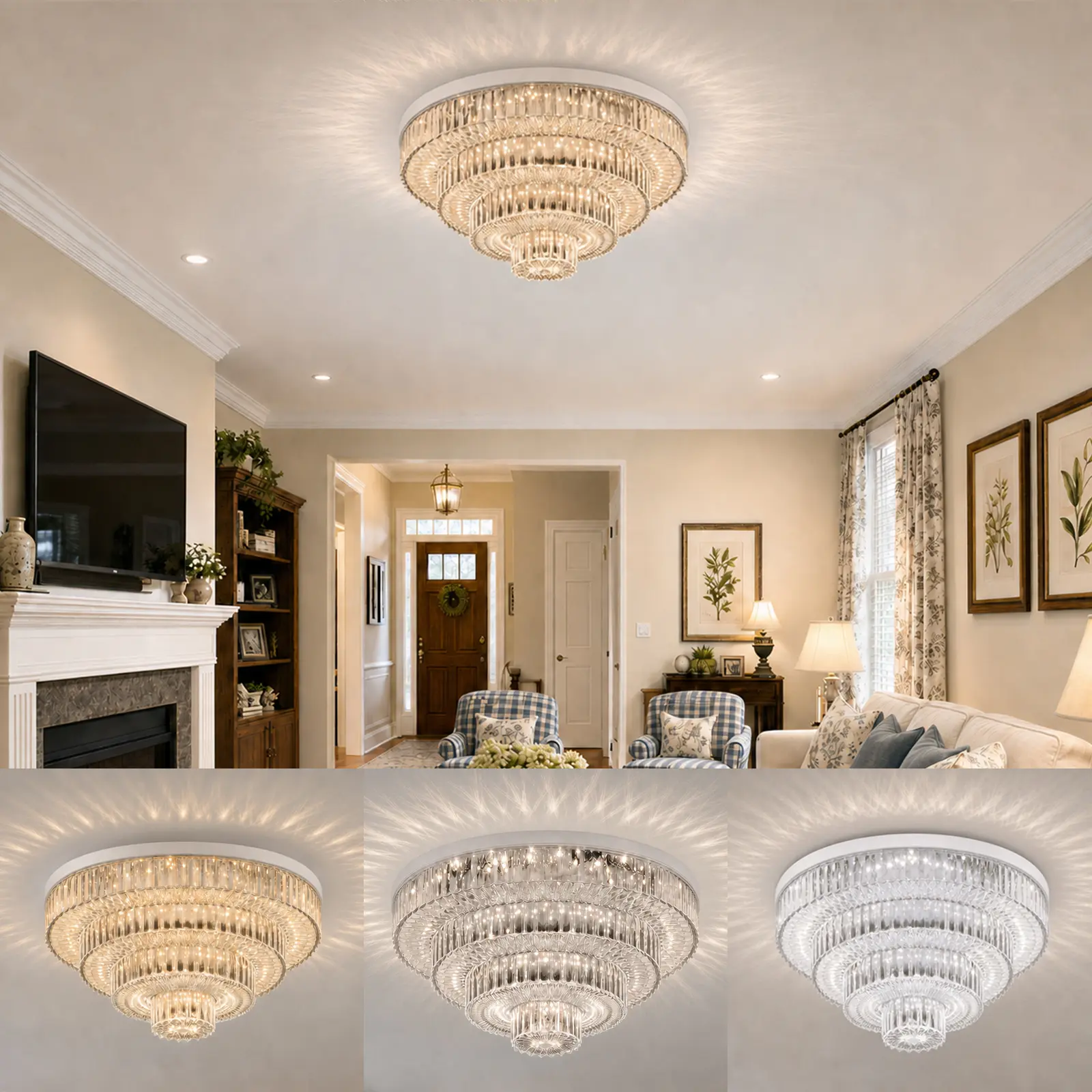 VALLERICO Expandable Crystal-Effect LED Ceiling Light, 50W/80W Foldable 4-Tier Fixture, 3000K/4000K/6500K Wall-Switch Selectable, E26/E27 Socket or Hardwired Flush Mount Ceiling Lamp for Living Room Bedroom Dining Room Hallway,Stockup,Halloween