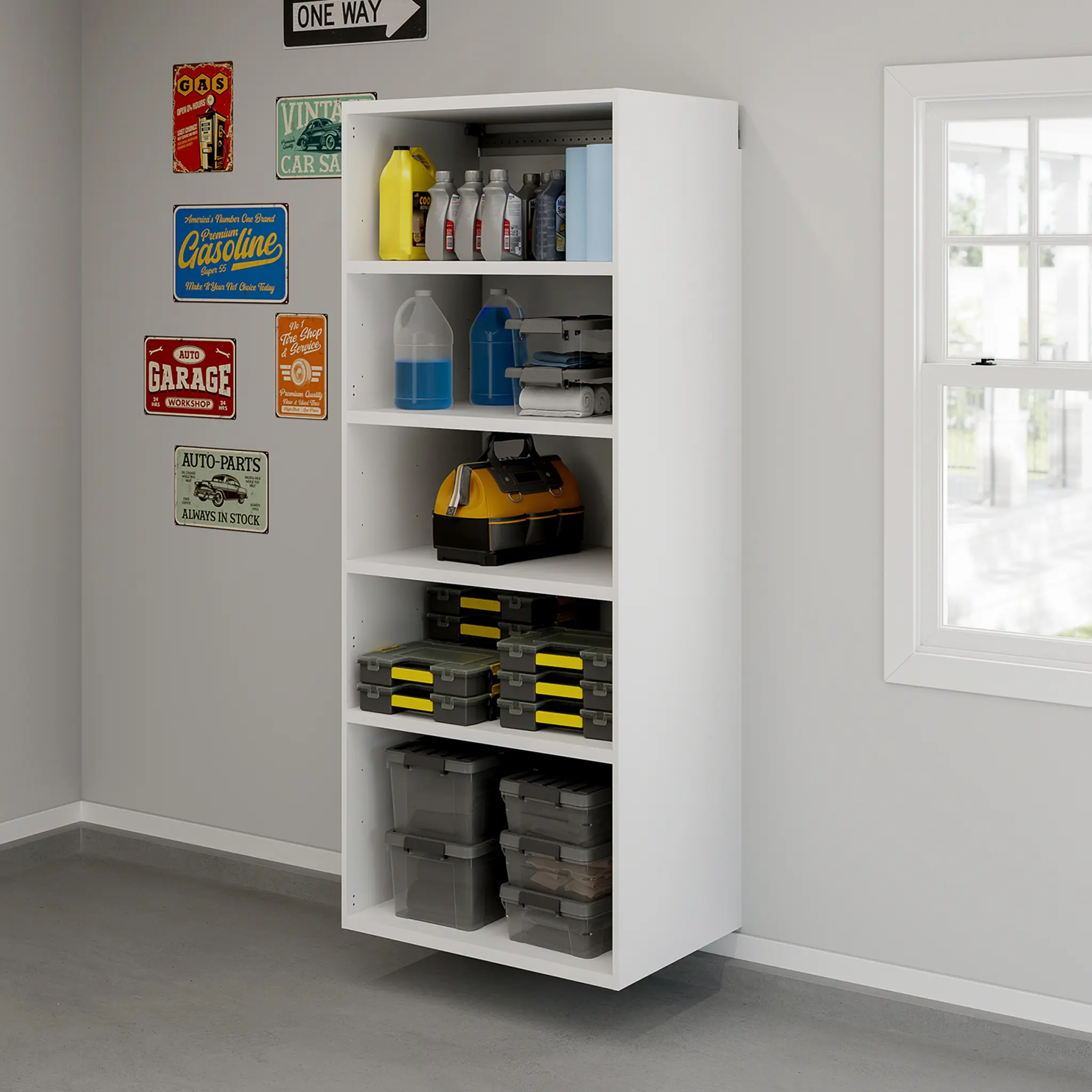 Sauder Traditional Wall Mount GarageCore Deep Cabinet - 5 Adjustable Shelves (Each Holds Up to 60 lbs), 1.25" Thick Melamine Surface Panels, White Finish, 23.5" Depth Space-Saving Assembly Required Indoor Storage Cupboard, Waterproof