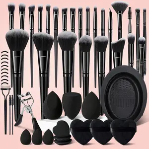 Black 43-Pieces Cosmetic Brush Set,Travel-Friendly with Mini and Standard Makeup Sponges,Heart Shape Powder Puffs,Mini Heart Powder Puff,Eyelash Curler,Eyelash Brush,Eyelash Comb Separator,Eyelash Curler Refills Pads,Cleaning Brush