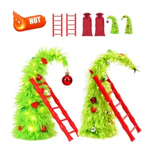 Bendable Green Christmas Tree with Mini Ladder 1ft Small Plush Christmas Trees with Lights DIY Funny Trees with Top Star and Ball Table Centerpiece Decoration for Xmas Party Home