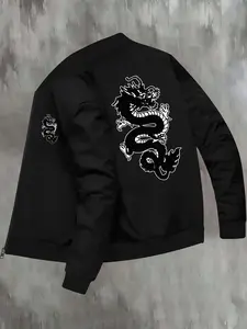 Men's Dragon Print Zip Up Jacket, Casual Regular Fit Long Sleeve Baseball Collar Outerwear for Fall & Winter, Men's Clothes for Daily Wear, Coats