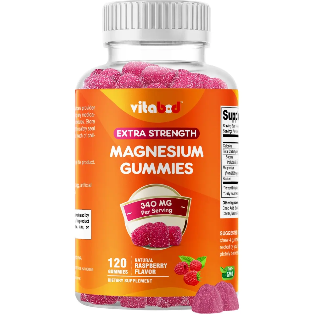 Vitabod Extra Strength Natural Magnesium Chewable Gummy Jelly - 340 mg Bioavailable Supplement, 120 Pieces, Raspberry Flavor, Artificial Color-Free, Black Carrot Concentrate Color, Gluten-Free, Nerve, Muscle & Bone Health Support for All Ages