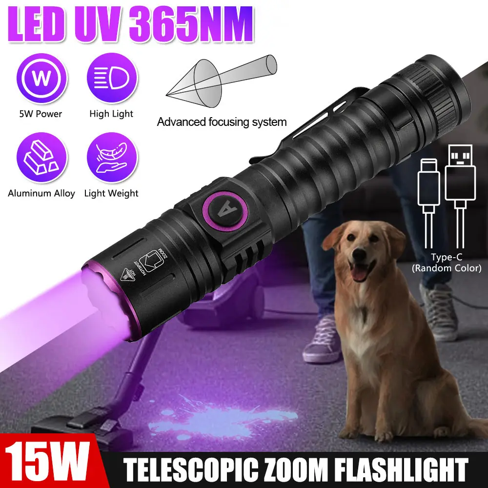 VASTFIRE 1pc 365nm UV Black Light Portable Flashlight - 15W High-Intensity 3-LED UV Lamp, 18650 Rechargeable USB-Charging Compact Aluminium Fixed-Focus Tech Gadgets for Counterfeit Testing, Pet Urine Detection, Oil Inspection
