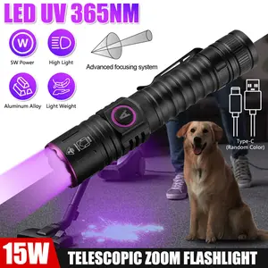 VASTFIRE 365nm UV Black Light Flashlight - 15W High-Intensity 3 LED, 18650 Rechargeable USB Charge, Counterfeit Detector/Fluorescent Tester/Pet Urine Finder