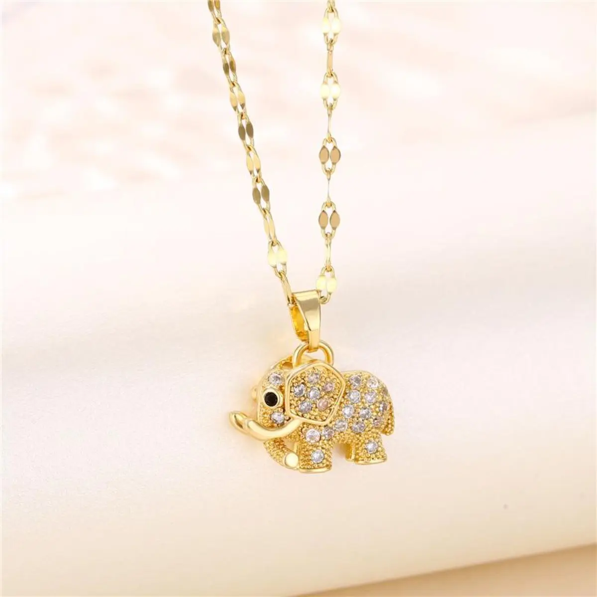Gold-Tone Charms Necklace with Sparkling Elephant Design Pendant, Beaded Cubic Zirconia Jewelry for Women and Men, Meaningful Gifts, Bling Pendant, Cubic Zirconia Pendant