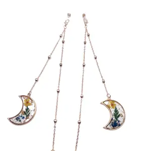 Handmade pressed dried flower moon pendant eyeglass chain