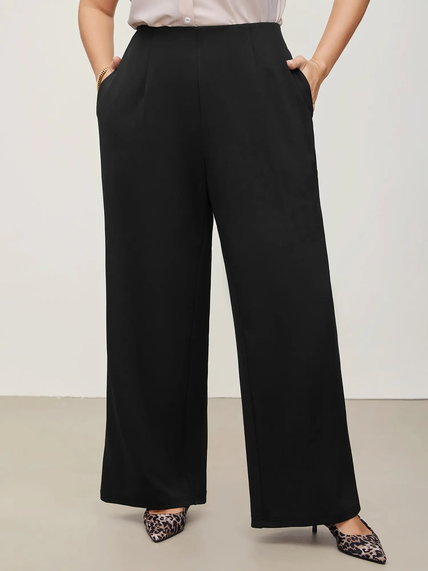 BLOOMCHIC Women's Curvy Plus Size Solid Wide Elastic Pants - Spandex, Pleated Wide Leg, Pocketed, Stretch Fabric, Curvy Clothing, Office Work Clothes, Plus Size Basics, M-6X 2026 Summer Pick Black, Bottoms, Work Outfits, Corporate Attire Women, Curvy Wome