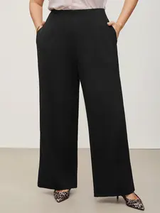 BLOOMCHIC Plus Size Solid Elastic Waist Pleated Wide Leg Spandex Pants - Basic Lady's Garment with Pocket, Black Bottoms, Stretch Fabric, Casual Work Wear for Thick-Thighed Women, M-6X 2026 Summer Pick 2026 Summer Vibes