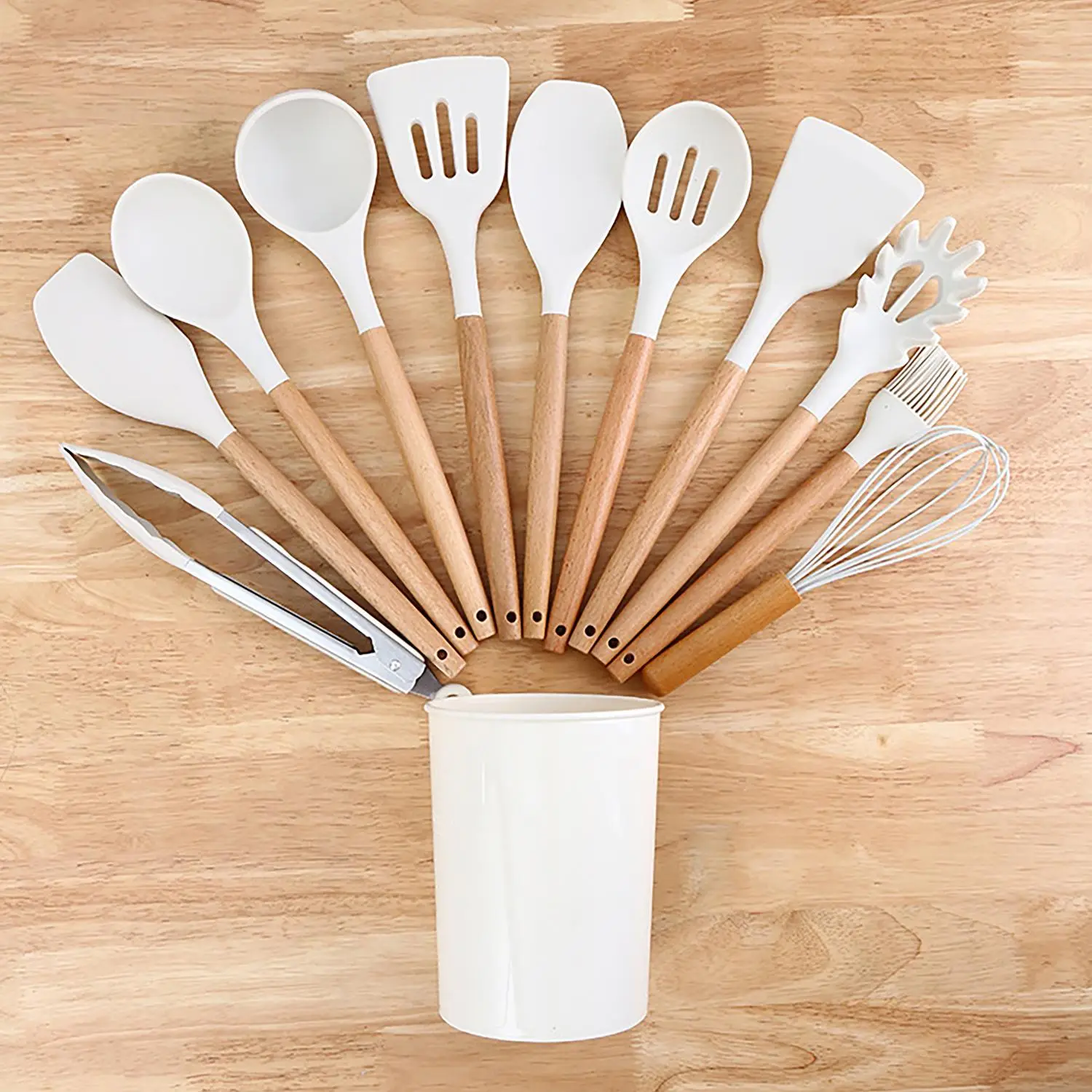 Silicone Cooking Utensil Set, 12pcs/set Modern Heat Resistant Silicone Kitchenware with Wooden Handle, Home Kitchen Gadgets, Essential Kitchen Tools