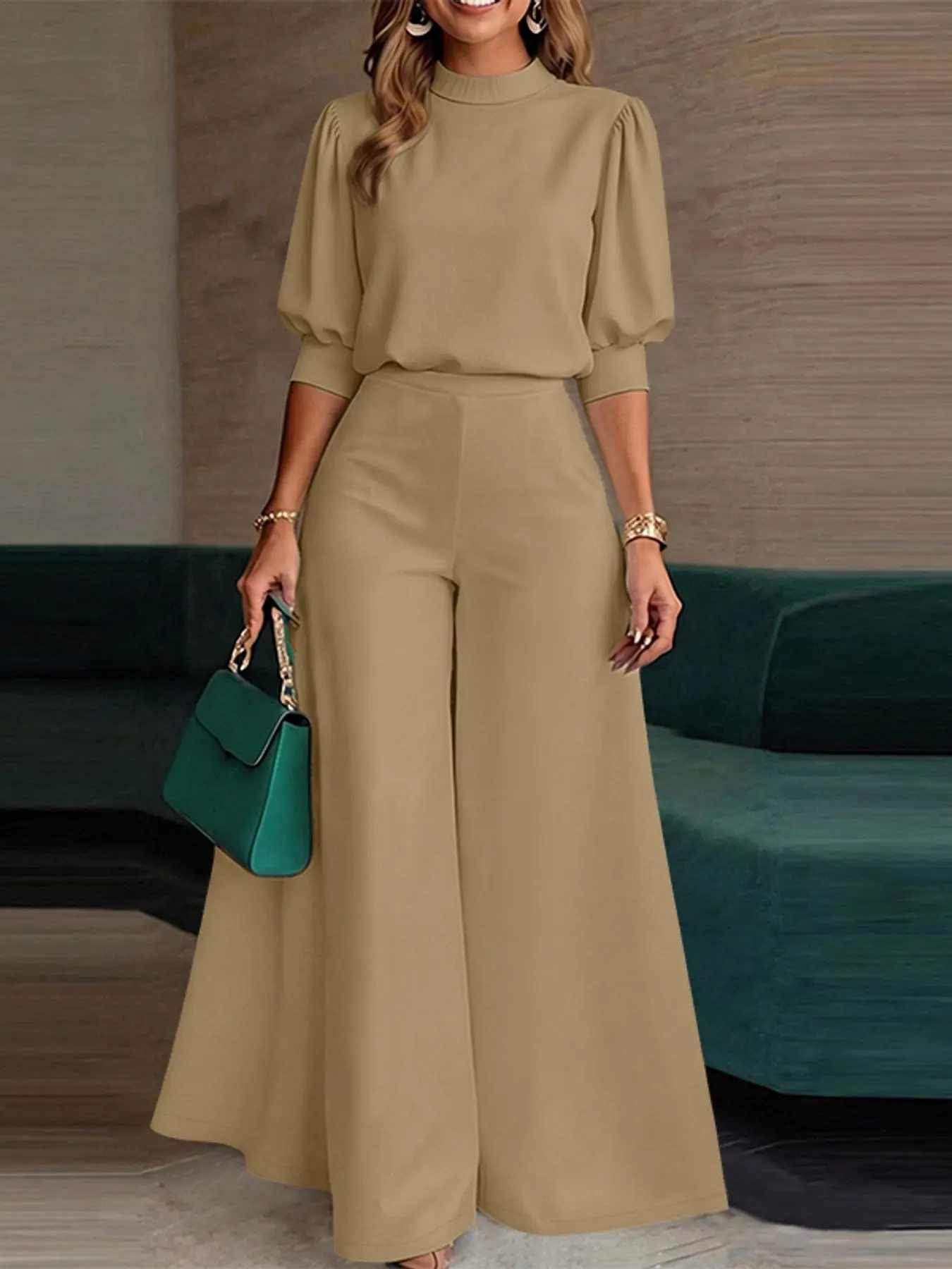 ZANZEA Women's Office Style Elegant Chic Two-Piece Set Suits Clothes, Solid Color Stand Collar Seven-Quarter Sleeve Top, Wide Leg Pants with Waistband Elastic, Casual Daily Wear