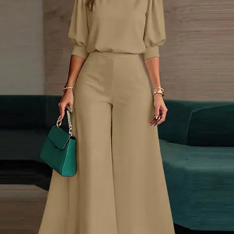 ZANZEA Women's Office Style Elegant Chic Two-Piece Set Suits Clothes, Solid Color Stand Collar Seven-Quarter Sleeve Top, Wide Leg Pants with Waistband Elastic, Casual Daily Wear, Casual Everyday Set