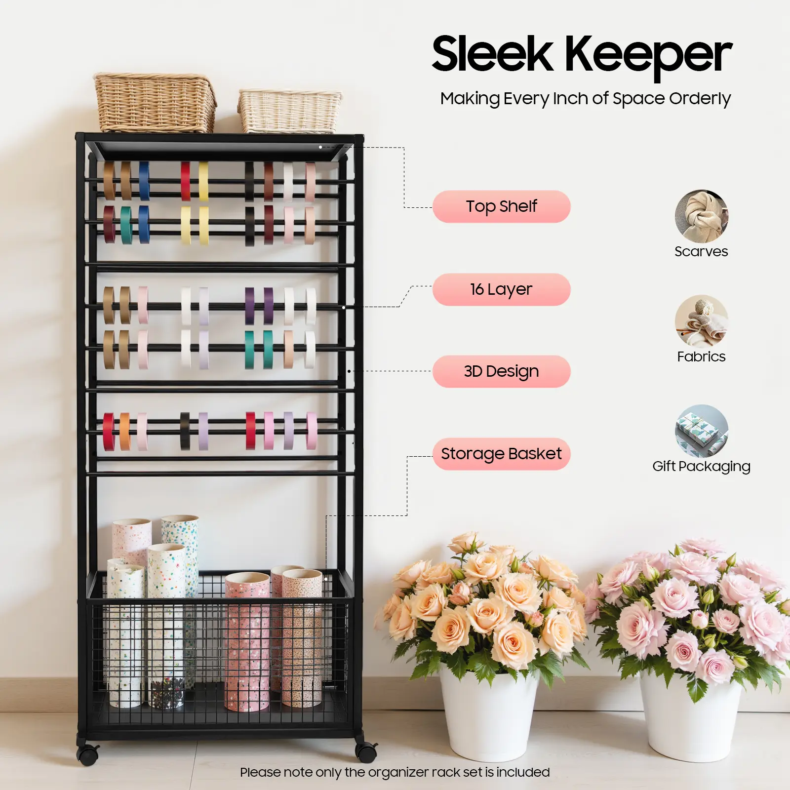 16-Tier Double-Sided Ribbon Organizer Moveable Racks & Displays - 110.23lbs Load Capacity, Lockable Wheels, Rectangular Rack, Baking Basket, Adjustable Paint Storage Holder for Flower Shops, Craft Rooms