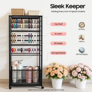 16-Tier Double-Sided Ribbon Organizer - 110.23lbs Load Capacity, Lockable Wheels, Rectangular Rack, Baking Basket, Adjustable Paint Storage Holder for Flower Shops, Craft Rooms