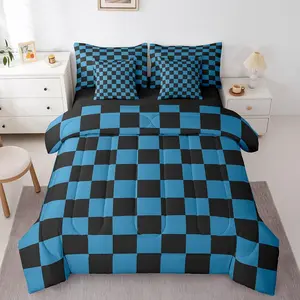 Checkered 7 Piece Bedding Set,Teen Blue Black Plaid Comforter Set with Sheets,Cute Retro Neutral Checkerboard Geometric Vintage Aesthetic Bed in A Bag