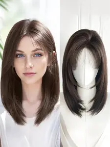 Women's Medium-Length Wig, Front Lace Short Hair, Heart-Shaped Bangs, Lockbone Realistic Human Hair, Center Part Full Headpiece, Curtain Bang Wig, Middle Part Wig