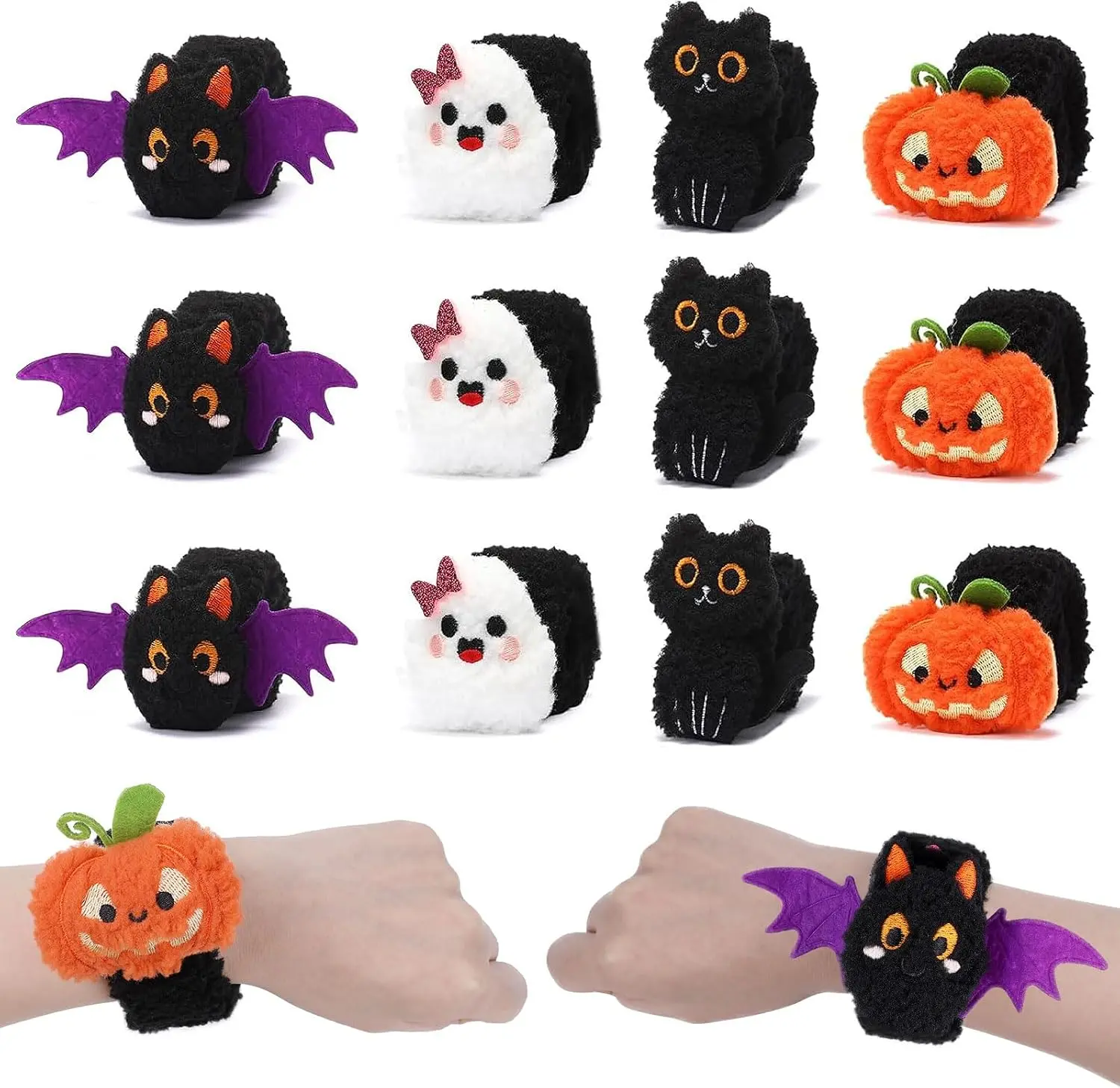 12PCS Halloween Plush Slap Bracelets – Cute Pumpkin, Ghost, Bat & Cat Snap-On Wristbands, Soft Plush Bracelets for Halloween Party Favors and Holiday Gifts