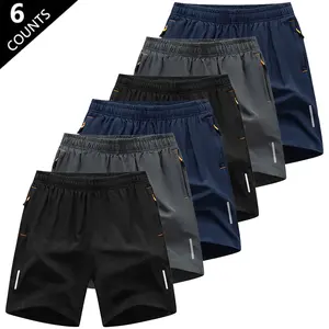 Men’s 6-Pack High-Stretch Quick-Dry Sports Shorts, trendy athletic style, breathable skin-friendly fabric for quick sweat absorption, zippered pockets prevent loss, reflective side stripes enhance nighttime safety, drawstring elastic waistband for a snug