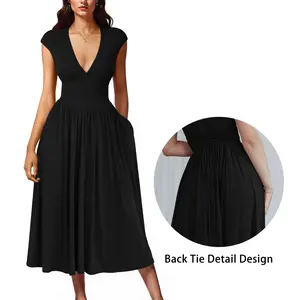 OYS Women's Summer Casual Deep V Neck Cap Sleeve Pleated Swing A Line Midi Dress With Pockets Black Chic