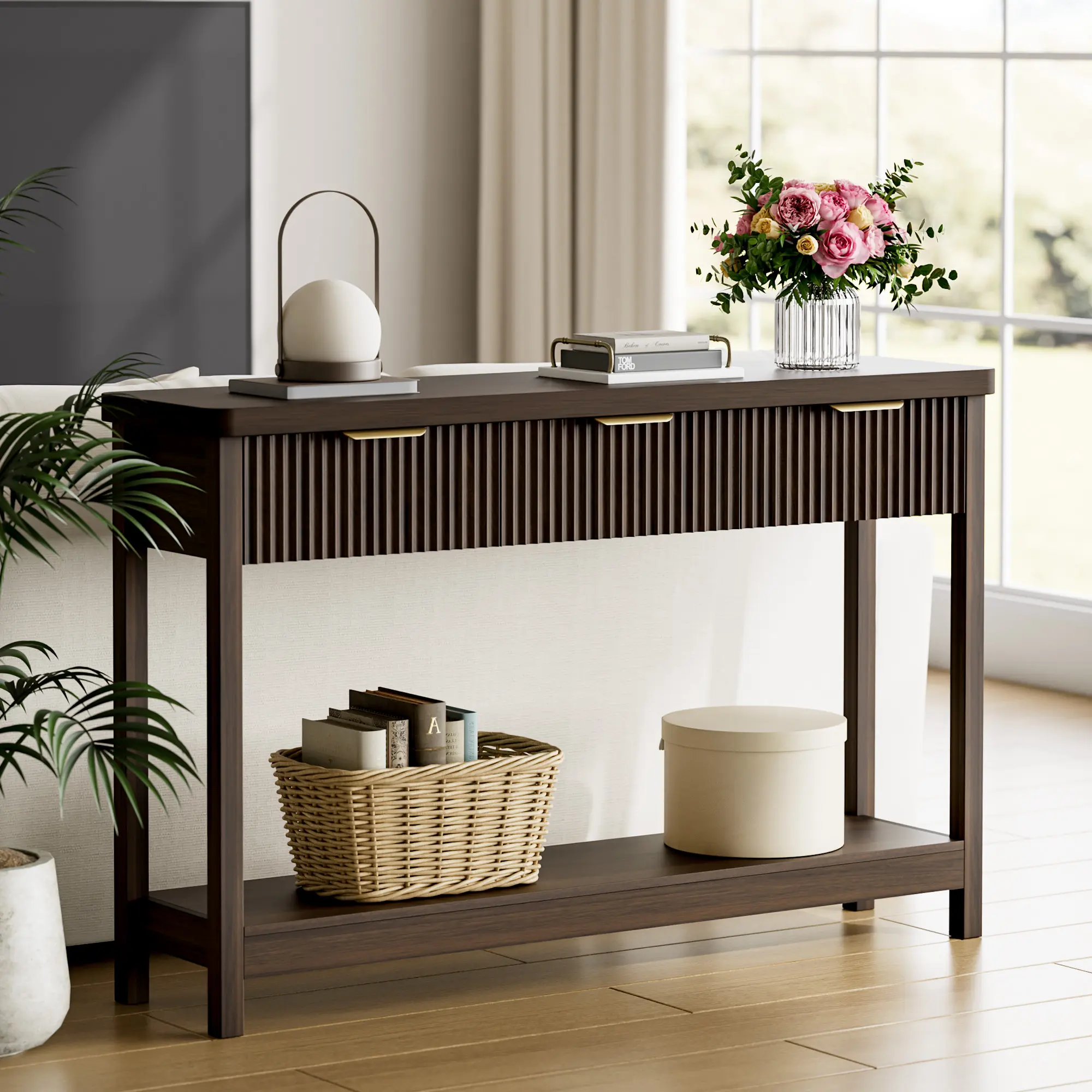 Aowos 51"Fluted Console Table with Storage, Entryway Table Sofa Table with 3 Drawers and Open Shelf, Modern Narrow Display Shelf for Hallway Living Room