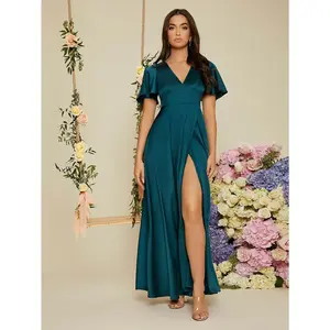 Elegant satin bridesmaid dress with flounce sleeves and a wrap hem—an elegant formal evening gown for wedding guests, perfect for prom, graduation dinners, and parties; stylish and glamorous design, ideal for special occasions.