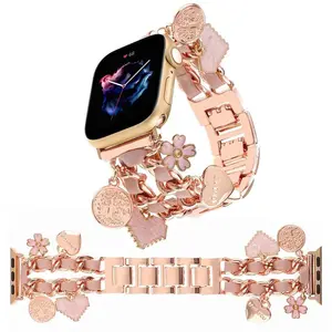 buy 1 get 1 Wearable Chic Wristband for Apple Watch 38mm-45mm, Metal Chain Charms, Unique Pendants, Replacement Strap,Fashion Double Leather Chain Metal Strap Luxury Bracelet for Watch Band Series 9 8 7 6 Black Fashionable Jewelry for Women & Girls As Gif