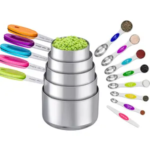 Measuring Cup and Magnetic Measuring Spoon Set with Leveler, Stainless Steel Dishwasher Safe, Nesting Metal Spoons Cups for Cooking Baking Supplies, Kitchen Gadgets Essentials Tools