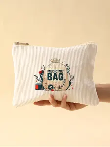 Medicine Pattern Print Velvet Makeup Bag, Lightweight Zipper Interior Cosmetic Pouch, Multi-Functional Organizer for Toiletries & Accessories