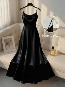 Women's Elegant Satin Sheen Pearl Slip Dress, A-Line Silhouette, Suitable For Commute, Party, And Events