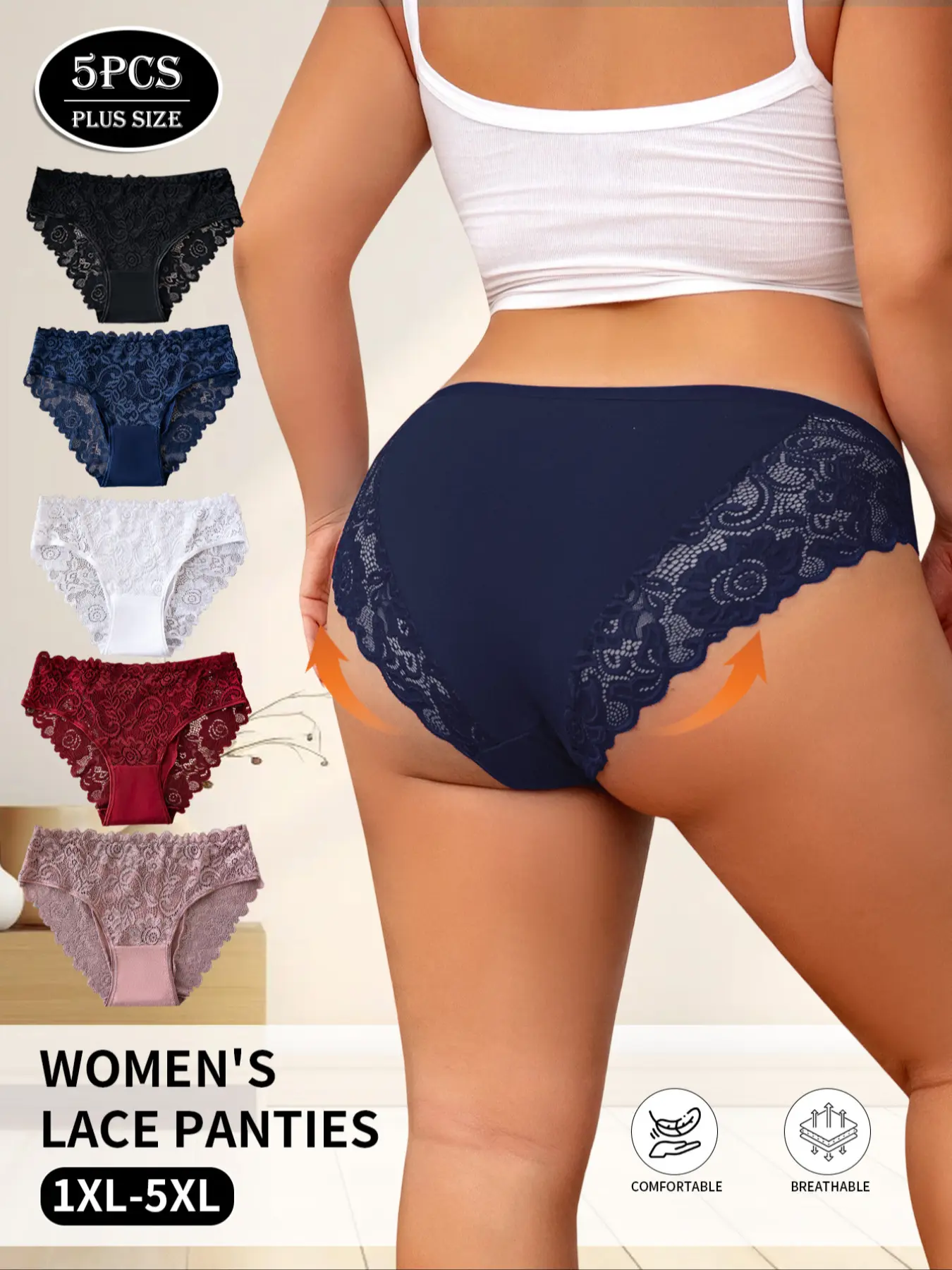 5-piece set of undergarments · Plus-size luxurious set | Buttery Soft Lace Panties (1XL-5XL) | Breathable & All-Day Comfort | Front & Back Flattering Fit | Indulge Your Curves! Soft Breathable Knicker Comfy Breathable Panty Intimates Panties