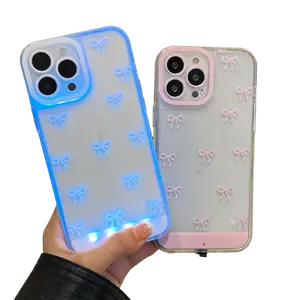 Colorful TPU Vibrant LED Bowknot Smartphone Casing, Protective Cover for iPhone 11/12/13/14/15/16/17 Pro/Pro Max/Plus, Unique Stylish Couple Pair Accessory for Daily Device Protection