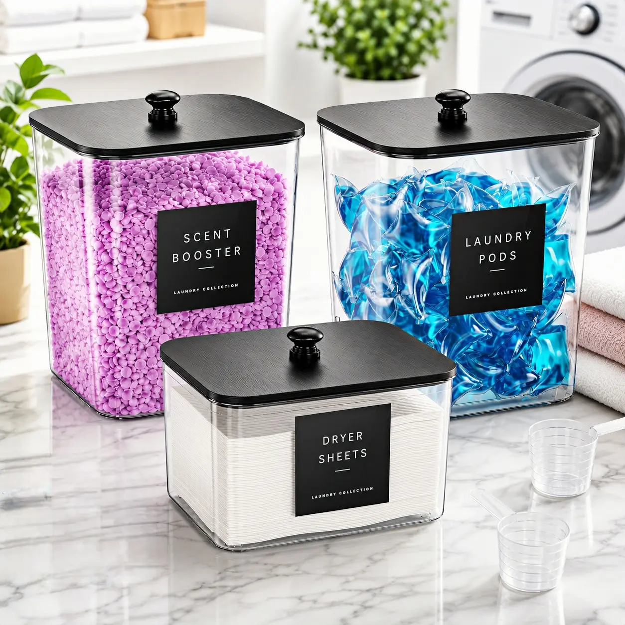 3 Pack Laundry Pods Container & Dryer Sheet Holder - Clear Plastic Laundry Room Organization Storage Containers with Black Lids, Scoops & Labels for Detergent Pods, Powder, Scent Boosters, Beads