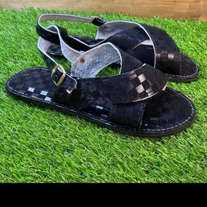 Black huarache Checkerboard T-Strap Sandals with Gold Buckle and Comfortable Sole for Everyday Wear