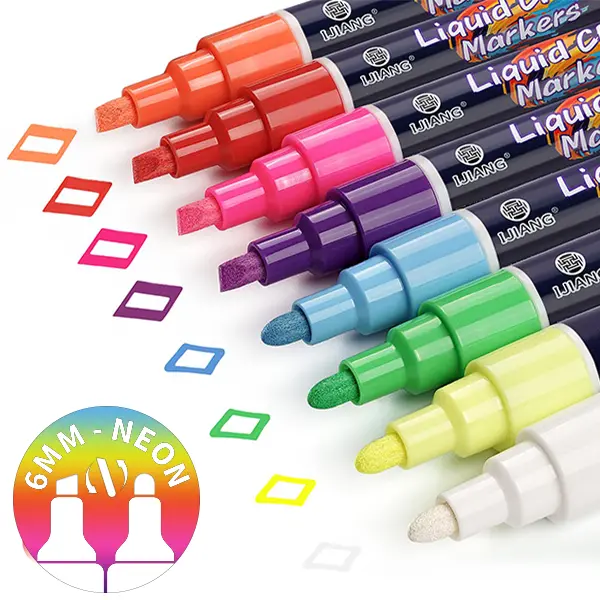 Chalk Markers 8 Vibrant Colors Set for Blackboard & Glass Surfaces - Erase / 6mm Reversible Tips Bullet / Chisel - Liquid Chalk Markers for Car, Window and Chalkboard Calendar, Erasable & Washable